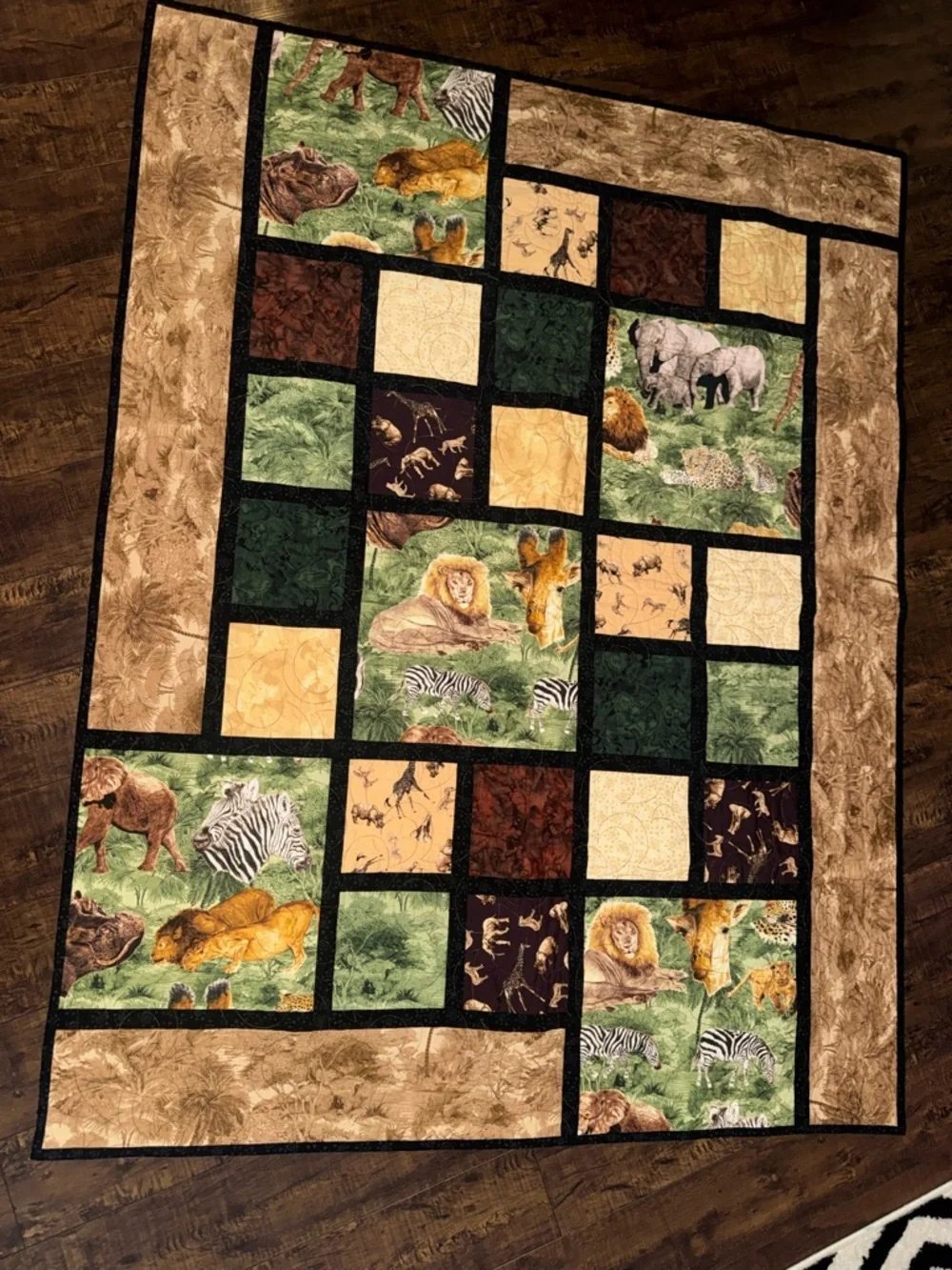 Safari Patchwork Quilted Throw - Green, Tan, Brown